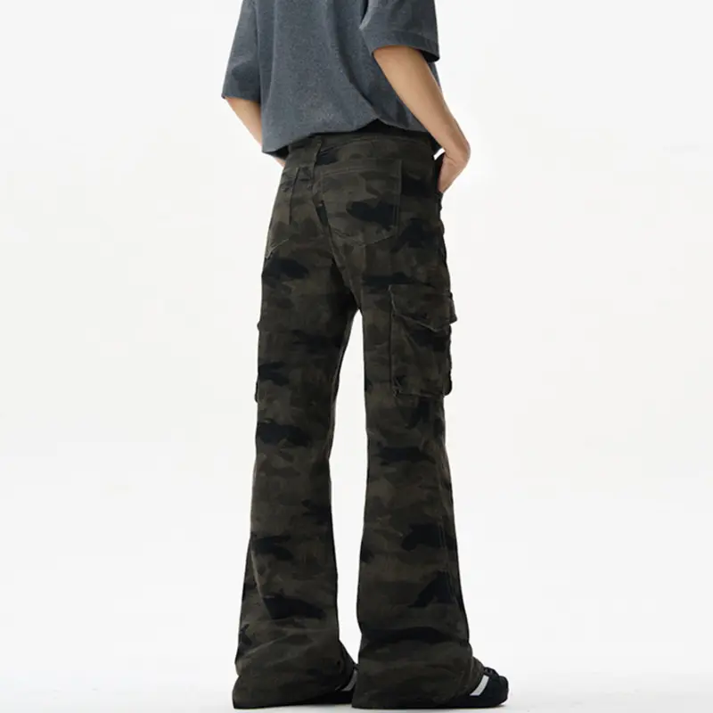 IEFB American Streetwear Camouflage Print Cargo Pants Men Trendy Multi Pocket Stretch Micro Boot Cut Overalls New Fashion 9W2859