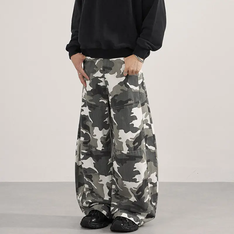 IEFB American Style Men's Casual Pants Camouflage Wide Leg Silhouette Contrast Color Male Curved Knife Trousers Autumn 9W4166