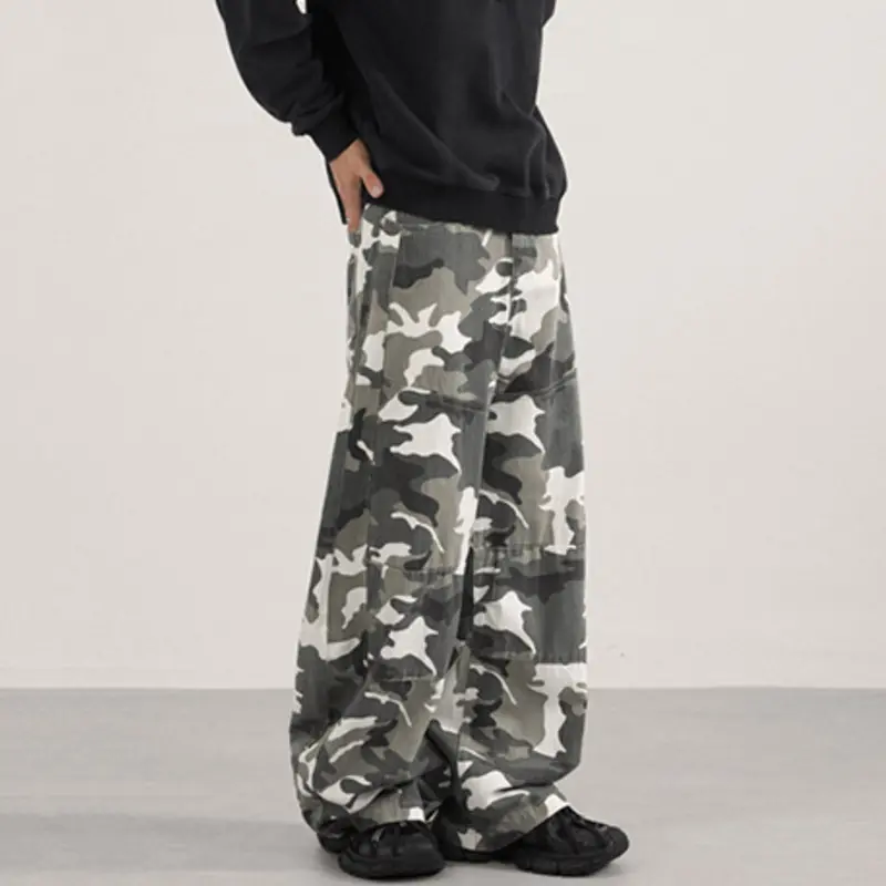 IEFB American Style Men's Casual Pants Camouflage Wide Leg Silhouette Contrast Color Male Curved Knife Trousers Autumn 9W4166