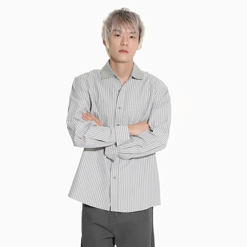 IEFB Niche Design Men Shirt Turn-down Collar Striped Contrast Color Patchwork Long Sleeve Single Breasted Loose Male Top 9W4285
