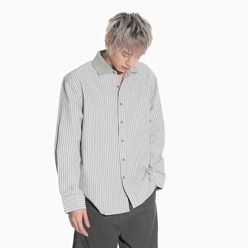 IEFB Niche Design Men Shirt Turn-down Collar Striped Contrast Color Patchwork Long Sleeve Single Breasted Loose Male Top 9W4285