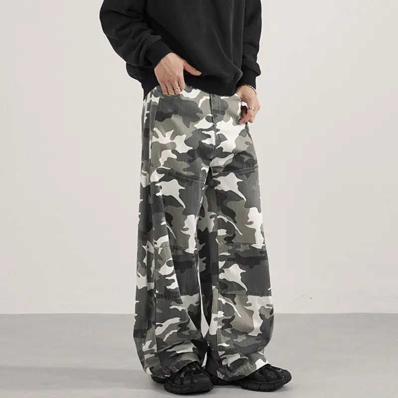 IEFB American Style Men's Casual Pants Camouflage Wide Leg Silhouette Contrast Color Male Curved Knife Trousers Autumn 9W4166