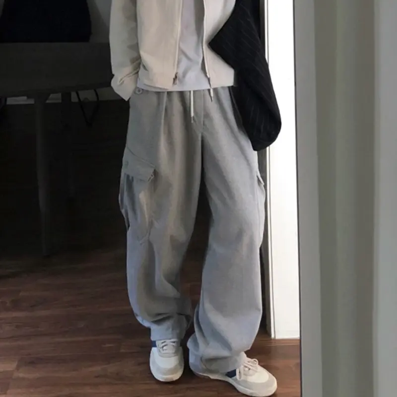 IEFB Korean Style Men's Casual Pants Solid Color Side Lager Pockets Drawstring Loose Wide Leg Simple Straight Male Bottom 9W4249