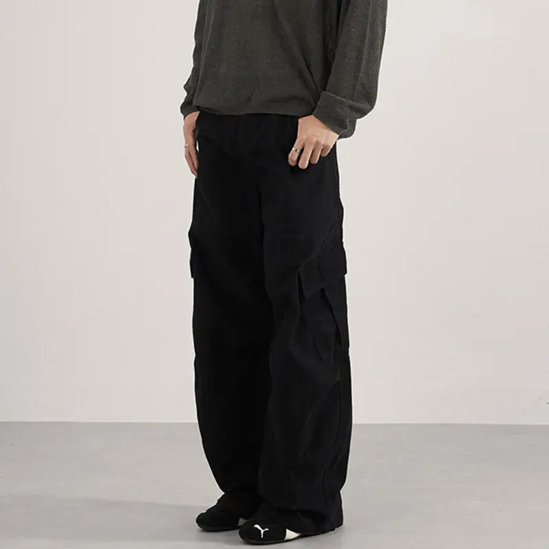 IEFB High Street Men Cargo Pants Side Lager Pocket Casual Solid Color Wide Leg Deconstruction Male Curved Knife Trousers 9W4193