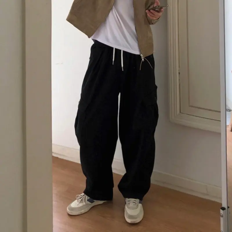 IEFB Korean Style Men's Casual Pants Solid Color Side Lager Pockets Drawstring Loose Wide Leg Simple Straight Male Bottom 9W4249