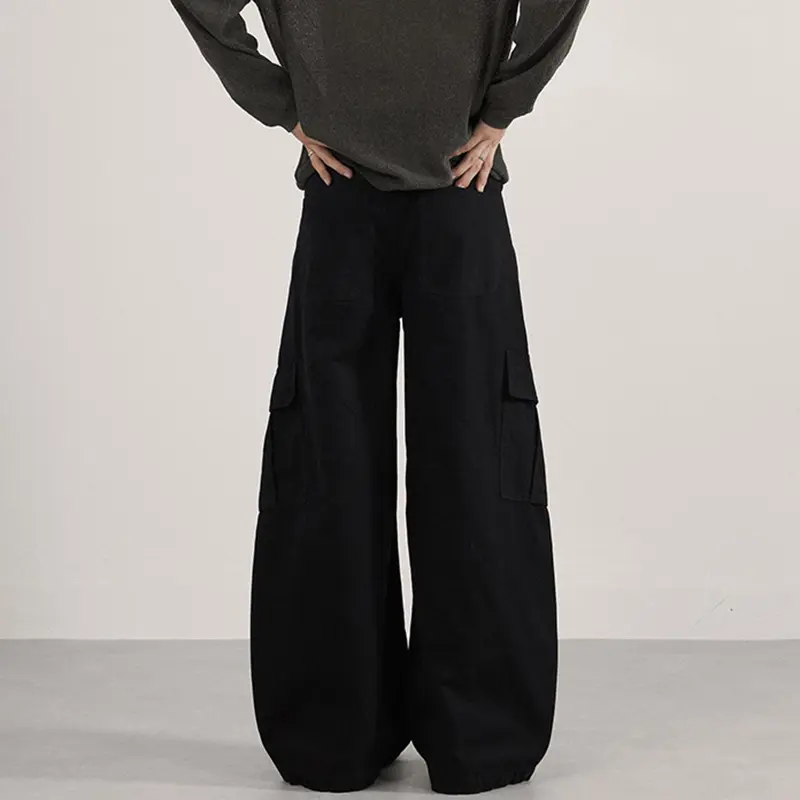 IEFB High Street Men Cargo Pants Side Lager Pocket Casual Solid Color Wide Leg Deconstruction Male Curved Knife Trousers 9W4193