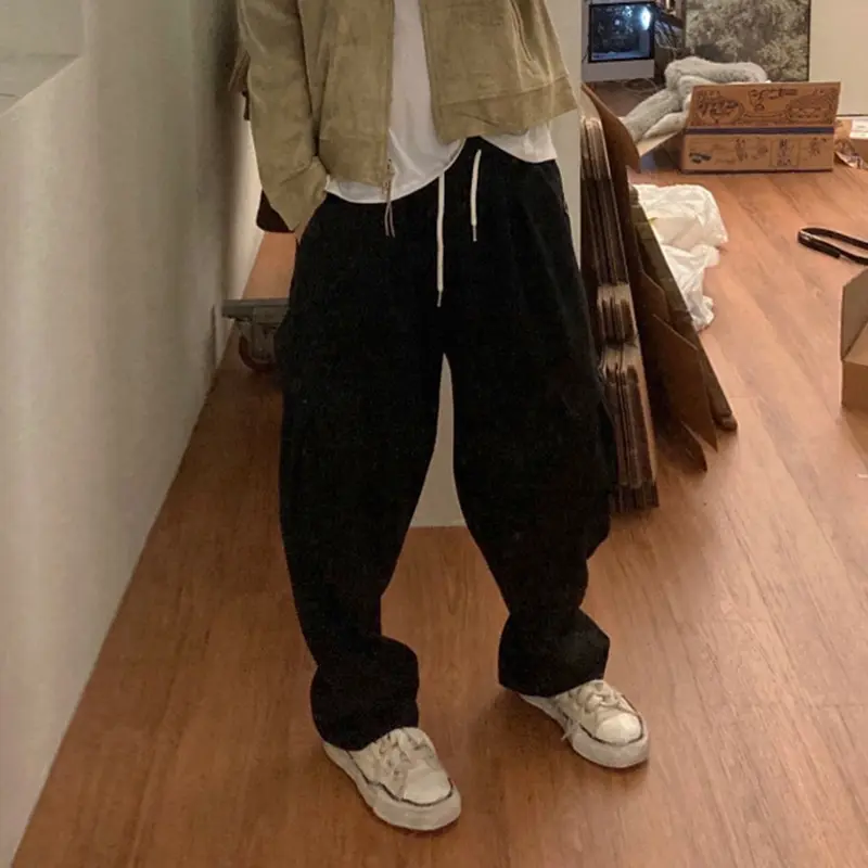 IEFB Korean Style Men's Casual Pants Solid Color Side Lager Pockets Drawstring Loose Wide Leg Simple Straight Male Bottom 9W4249