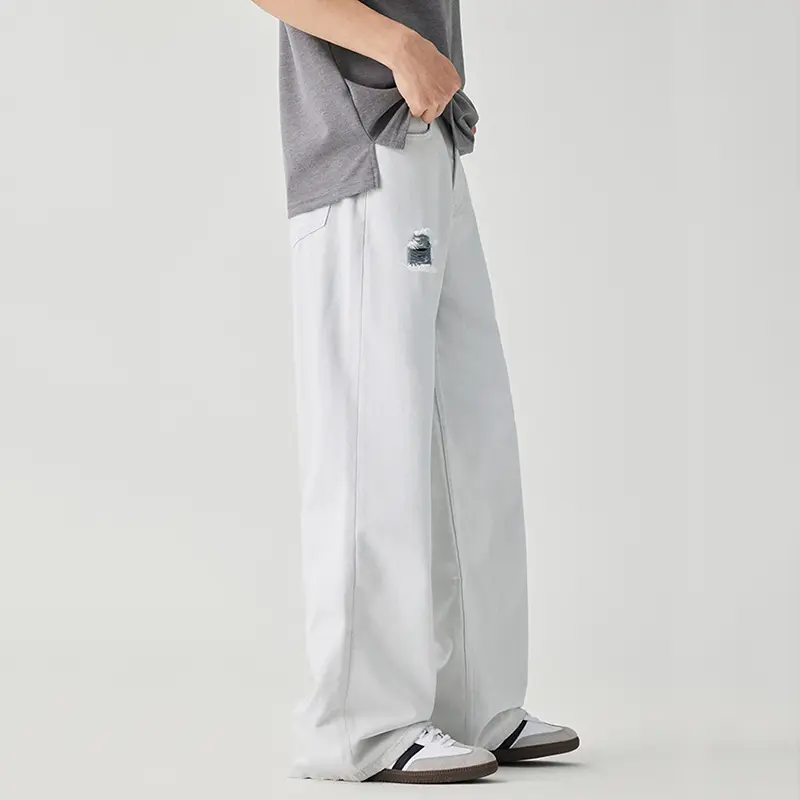 IEFB Men's Casual pants American Style Distressed trousers solid color Loose Straight hole design male bottoms summer 9W3900