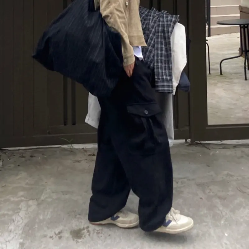 IEFB Korean Style Men's Casual Pants Solid Color Side Lager Pockets Drawstring Loose Wide Leg Simple Straight Male Bottom 9W4249