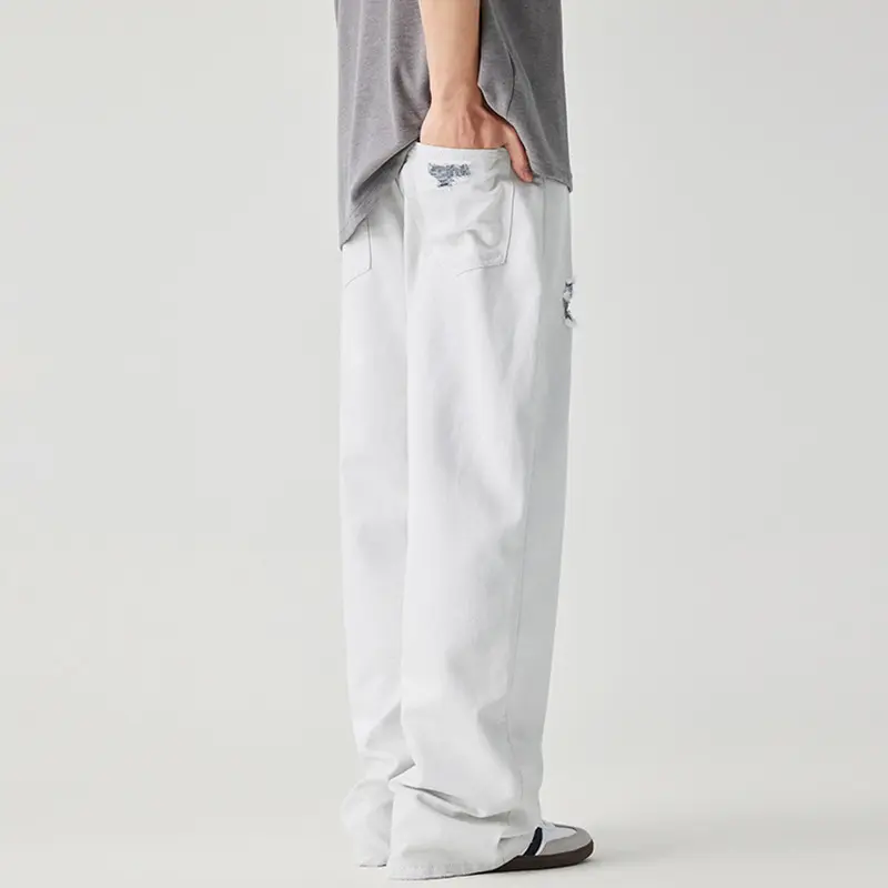 IEFB Men's Casual pants American Style Distressed trousers solid color Loose Straight hole design male bottoms summer 9W3900