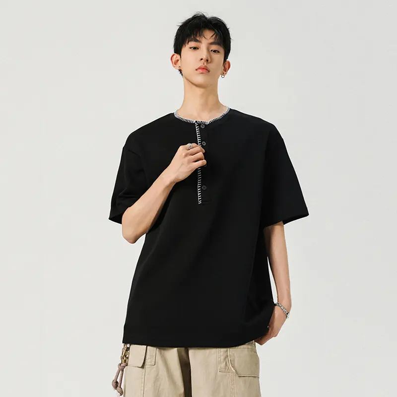 IEFB Round Collar Men's Tees Korean Style Short Sleeved Casual Menswear Loose Button Design Pullover Male T-shirts New 9W2877