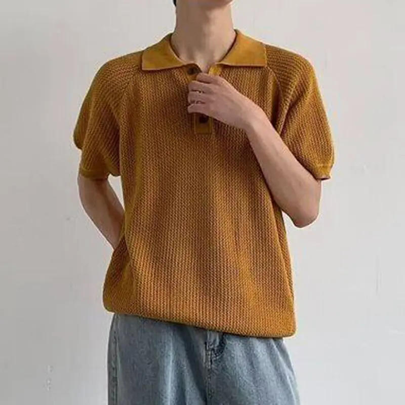 IEFB Hollow Out Men's Tops Solid Color Turn-down Collar Casual Clothing Short Sleeved Button Loose Male Korean T-shirts 9W2833