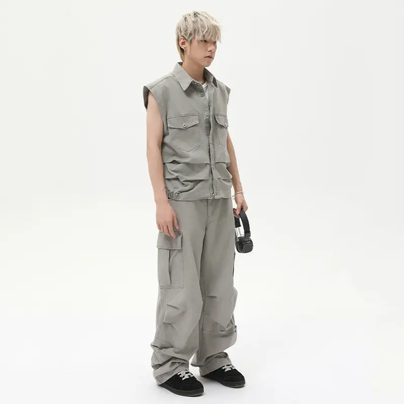 IEFB Pleated Design Men's Two-piece Lapel Sleeveless Single Breasted Tank Tops Straight Wide Leg Casual Male Pants Summer 9W3022