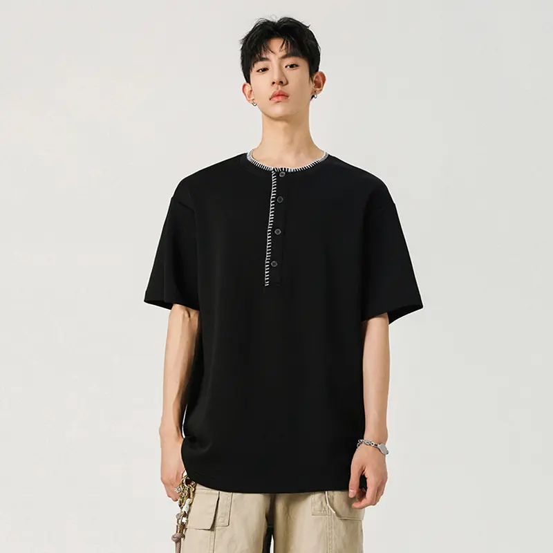 IEFB Round Collar Men's Tees Korean Style Short Sleeved Casual Menswear Loose Button Design Pullover Male T-shirts New 9W2877