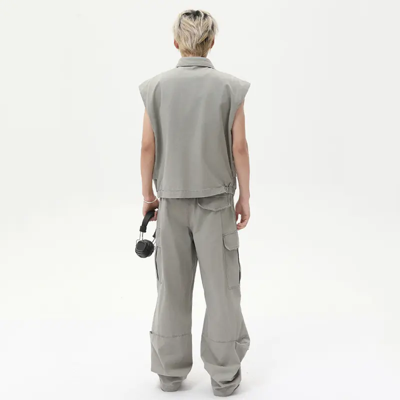 IEFB Pleated Design Men's Two-piece Lapel Sleeveless Single Breasted Tank Tops Straight Wide Leg Casual Male Pants Summer 9W3022