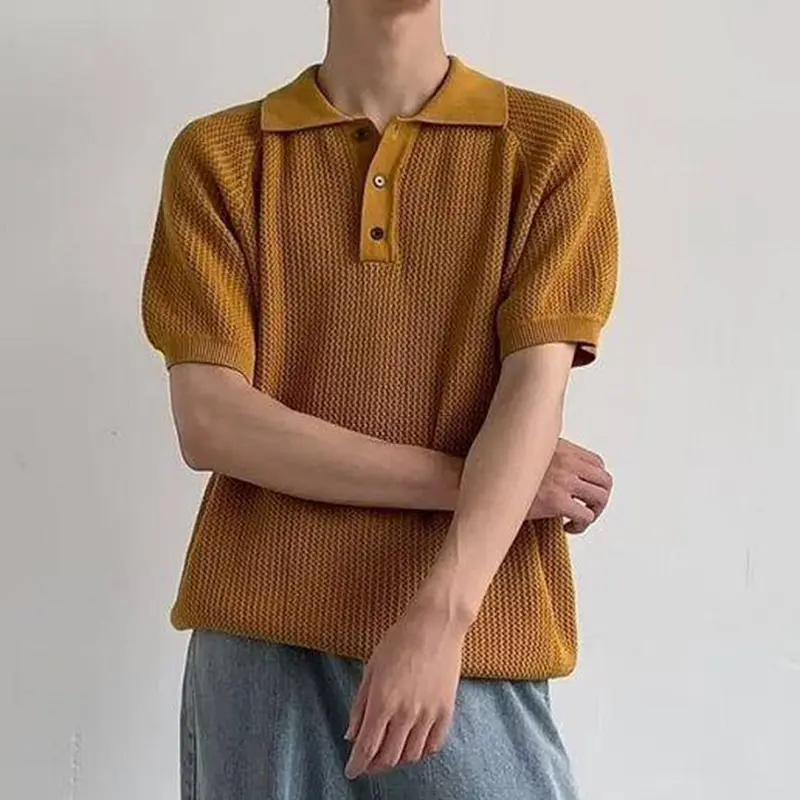 IEFB Hollow Out Men's Tops Solid Color Turn-down Collar Casual Clothing Short Sleeved Button Loose Male Korean T-shirts 9W2833