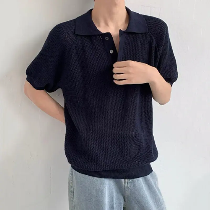 IEFB Hollow Out Men's Tops Solid Color Turn-down Collar Casual Clothing Short Sleeved Button Loose Male Korean T-shirts 9W2833