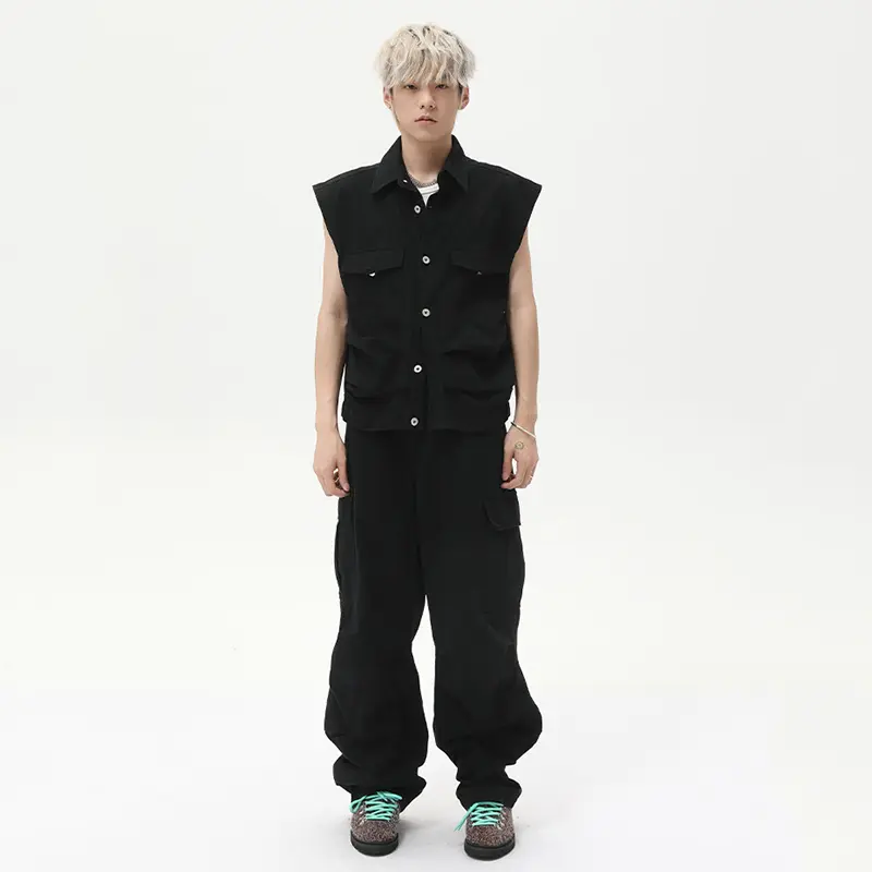 IEFB Pleated Design Men's Two-piece Lapel Sleeveless Single Breasted Tank Tops Straight Wide Leg Casual Male Pants Summer 9W3022