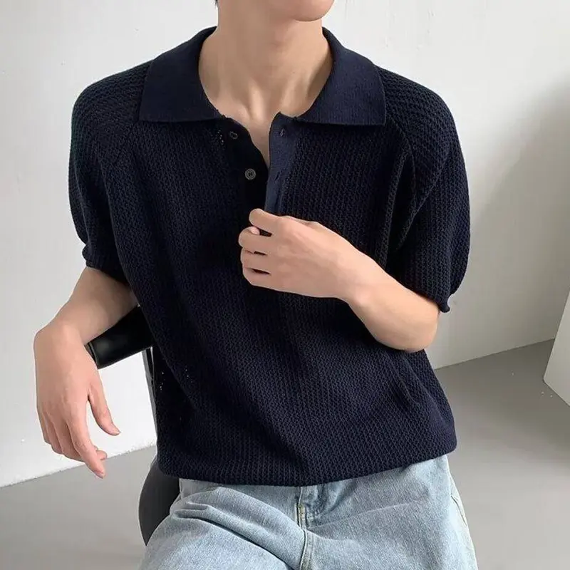 IEFB Hollow Out Men's Tops Solid Color Turn-down Collar Casual Clothing Short Sleeved Button Loose Male Korean T-shirts 9W2833