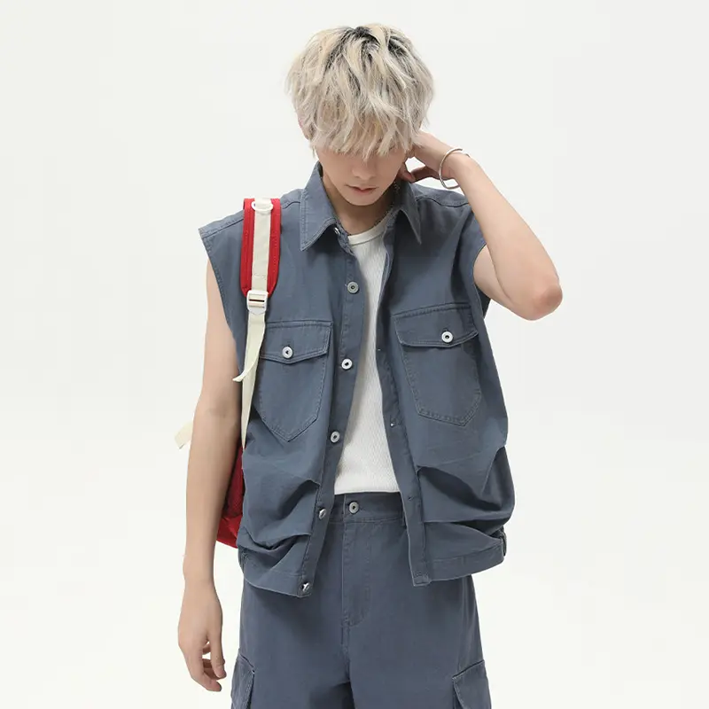 IEFB Pleated Design Men's Two-piece Lapel Sleeveless Single Breasted Tank Tops Straight Wide Leg Casual Male Pants Summer 9W3022