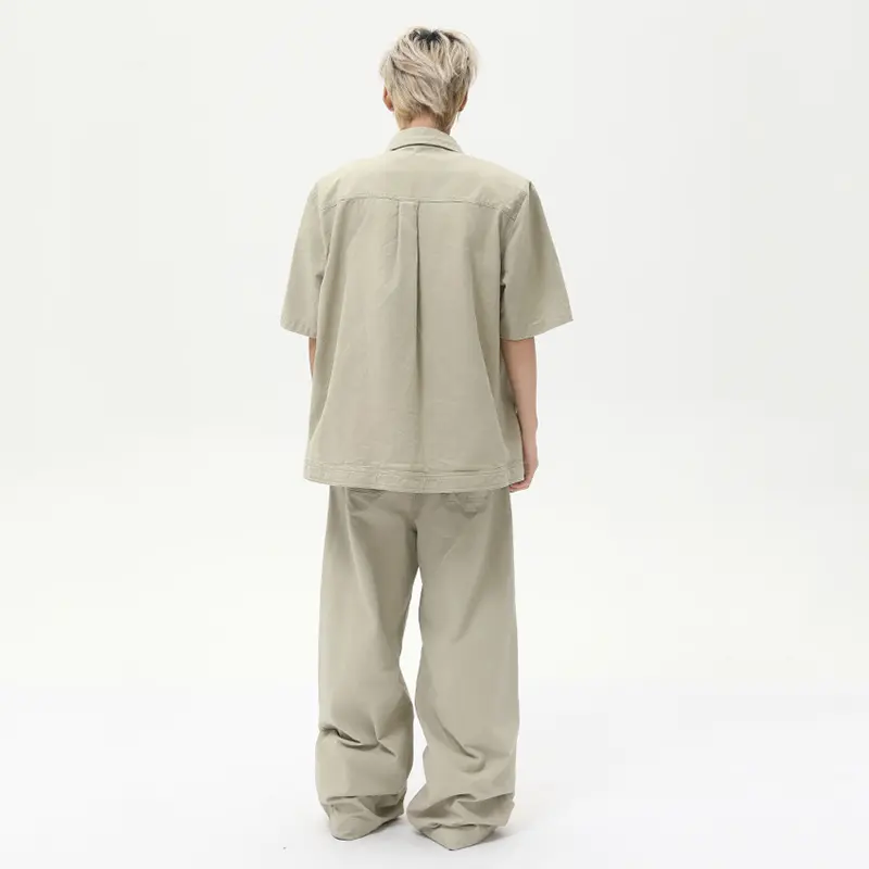 IEFB Solid Color Turn-down Collar Short Sleeved Casual T-shirts Men's Sets Korean Straight Leg Male Casual Pants Simple 9W3021