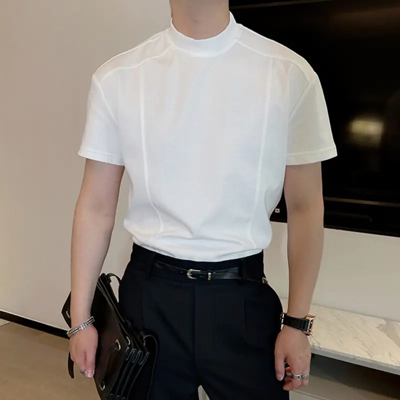 IEFB Simple Men's Tees Mock Neck Solid Color Short Sleeved Casual Slim T-shirts Summer Pullover Male Tops Korean Style 9W3046