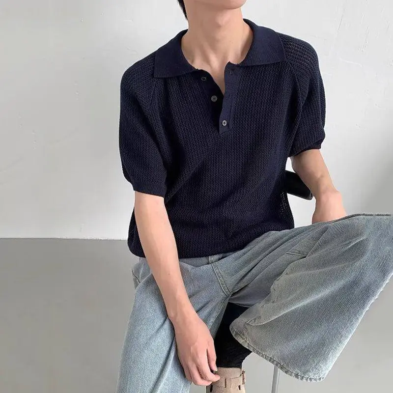 IEFB Hollow Out Men's Tops Solid Color Turn-down Collar Casual Clothing Short Sleeved Button Loose Male Korean T-shirts 9W2833