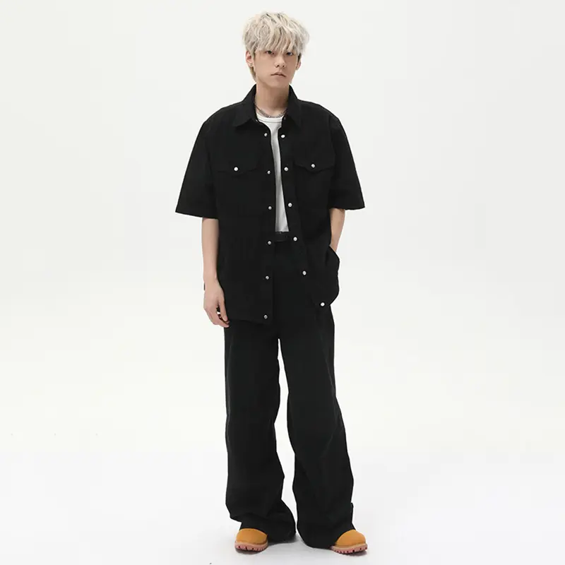 IEFB Solid Color Turn-down Collar Short Sleeved Casual T-shirts Men's Sets Korean Straight Leg Male Casual Pants Simple 9W3021