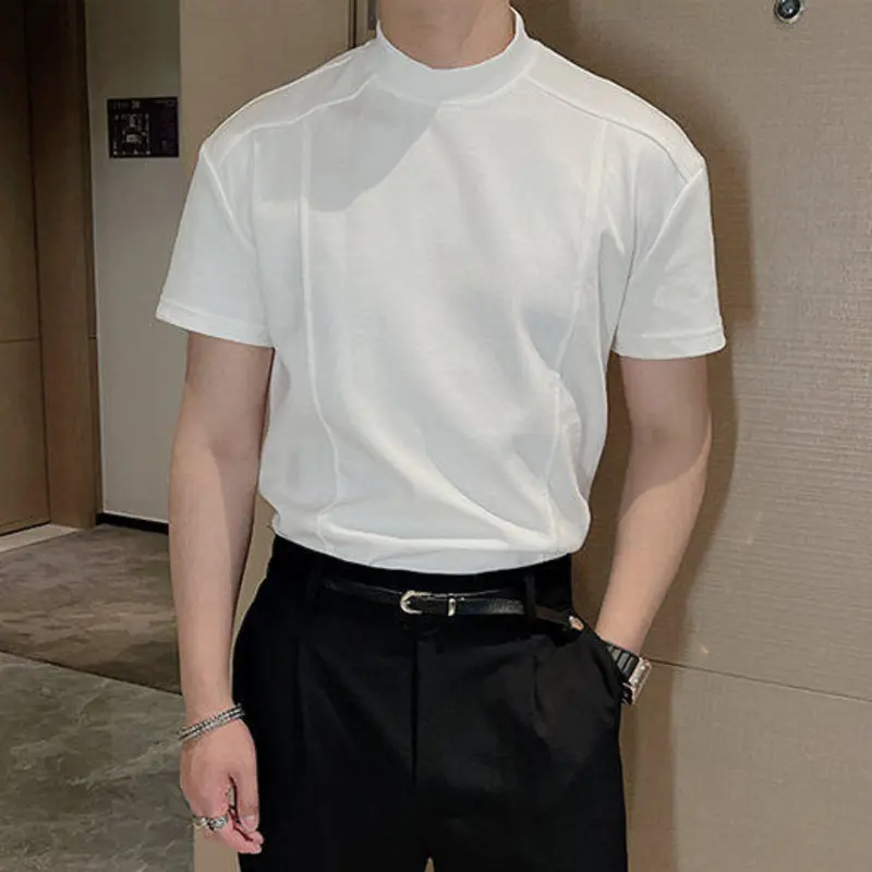IEFB Simple Men's Tees Mock Neck Solid Color Short Sleeved Casual Slim T-shirts Summer Pullover Male Tops Korean Style 9W3046
