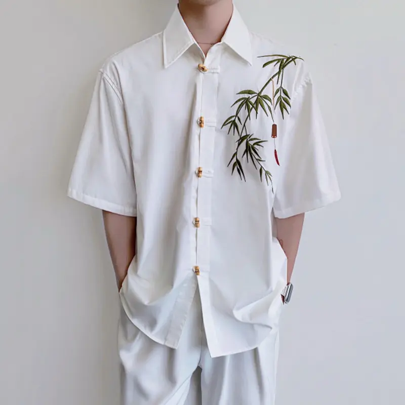 IEFB New Chinese Style Men's Shirts Bamboo Embroidery Contrast Color Lapel Short Sleeve Single Breasted Loose Male Cloth 9W4217