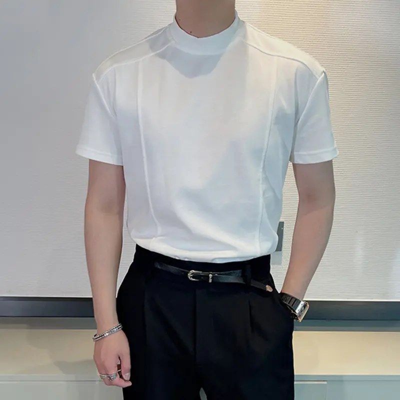 IEFB Simple Men's Tees Mock Neck Solid Color Short Sleeved Casual Slim T-shirts Summer Pullover Male Tops Korean Style 9W3046