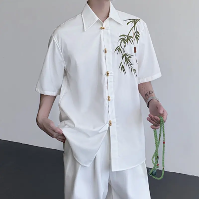 IEFB New Chinese Style Men's Shirts Bamboo Embroidery Contrast Color Lapel Short Sleeve Single Breasted Loose Male Cloth 9W4217