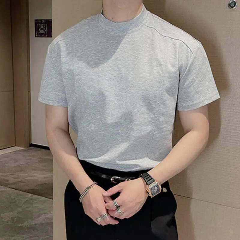 IEFB Simple Men's Tees Mock Neck Solid Color Short Sleeved Casual Slim T-shirts Summer Pullover Male Tops Korean Style 9W3046