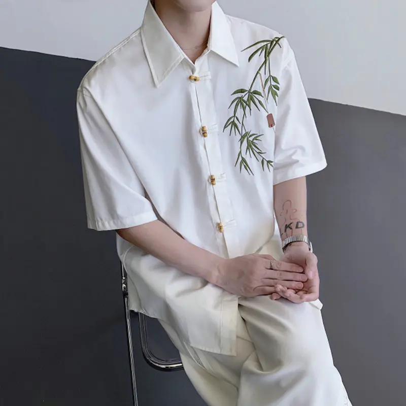IEFB New Chinese Style Men's Shirts Bamboo Embroidery Contrast Color Lapel Short Sleeve Single Breasted Loose Male Cloth 9W4217