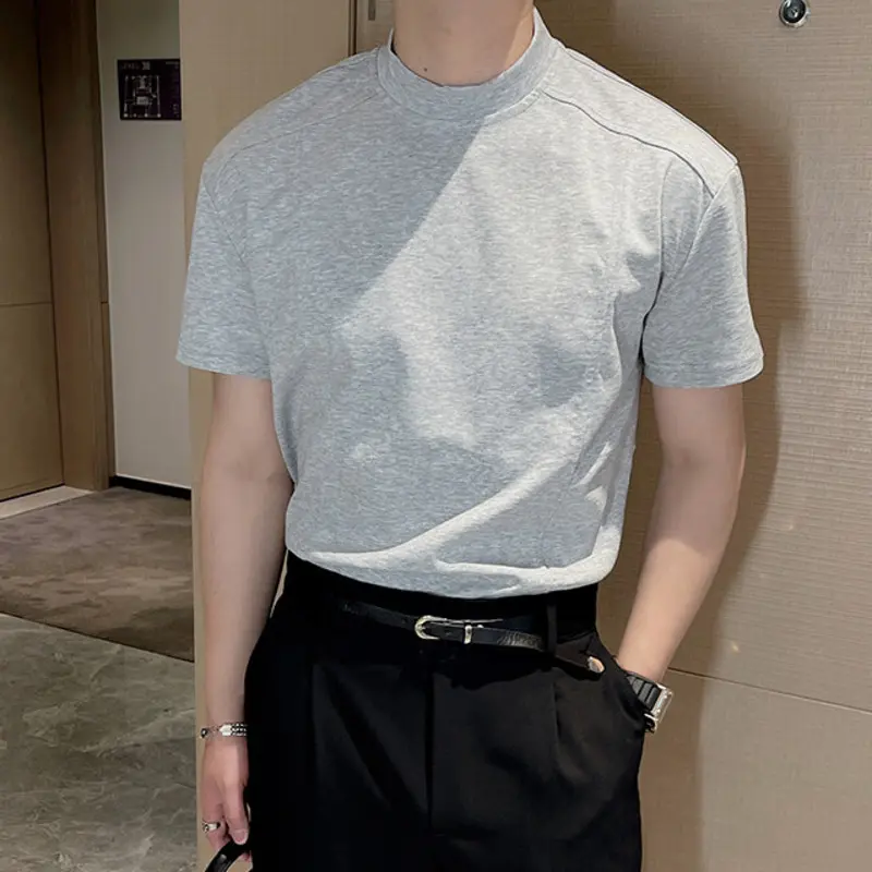 IEFB Simple Men's Tees Mock Neck Solid Color Short Sleeved Casual Slim T-shirts Summer Pullover Male Tops Korean Style 9W3046