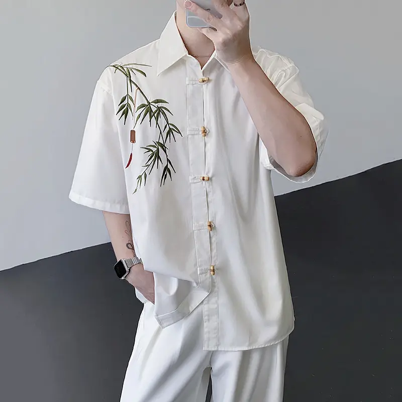 IEFB New Chinese Style Men's Shirts Bamboo Embroidery Contrast Color Lapel Short Sleeve Single Breasted Loose Male Cloth 9W4217