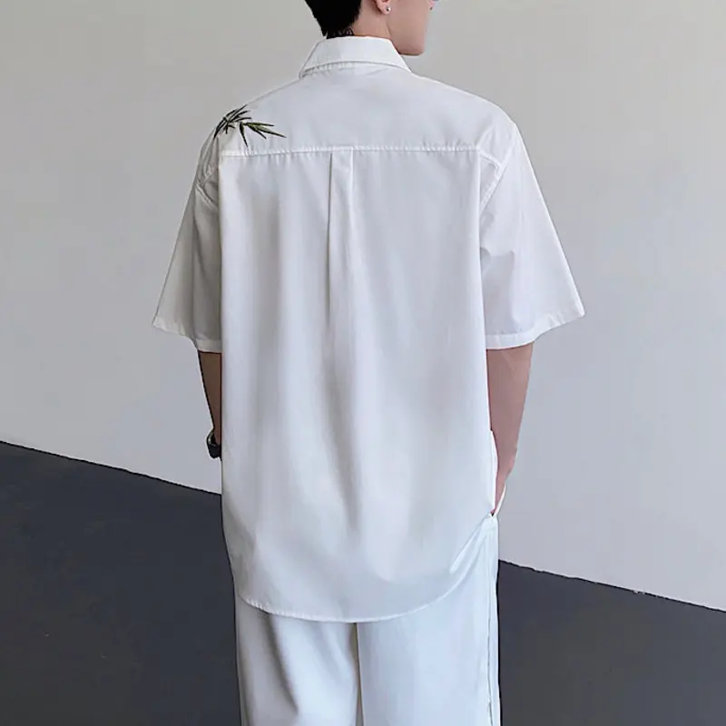 IEFB New Chinese Style Men's Shirts Bamboo Embroidery Contrast Color Lapel Short Sleeve Single Breasted Loose Male Cloth 9W4217