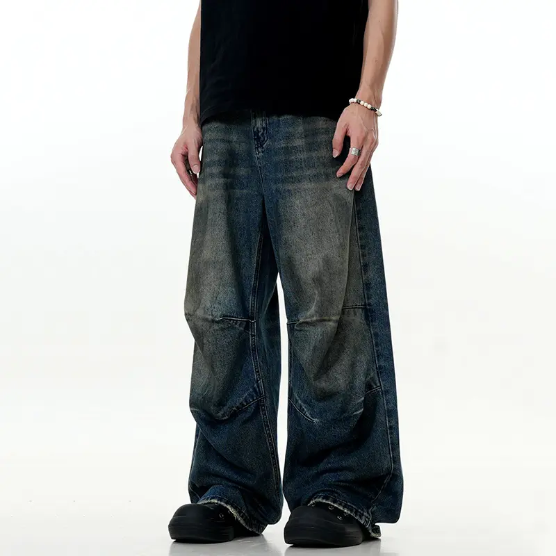 IEFB Vintage Men's Jeans Wide Leg American Style Distressed Pleated Design Denim Trousers Summer Autumn Trend Baggy Pants 9W3539