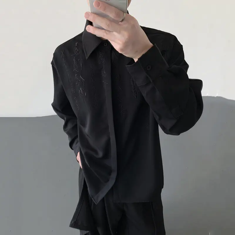 IEFB New Chinese Style Men's Shirts Calligraphy Embroidery Solid Color Stand Collar Long Sleeved Loose Male Clothing Tide 9W3769