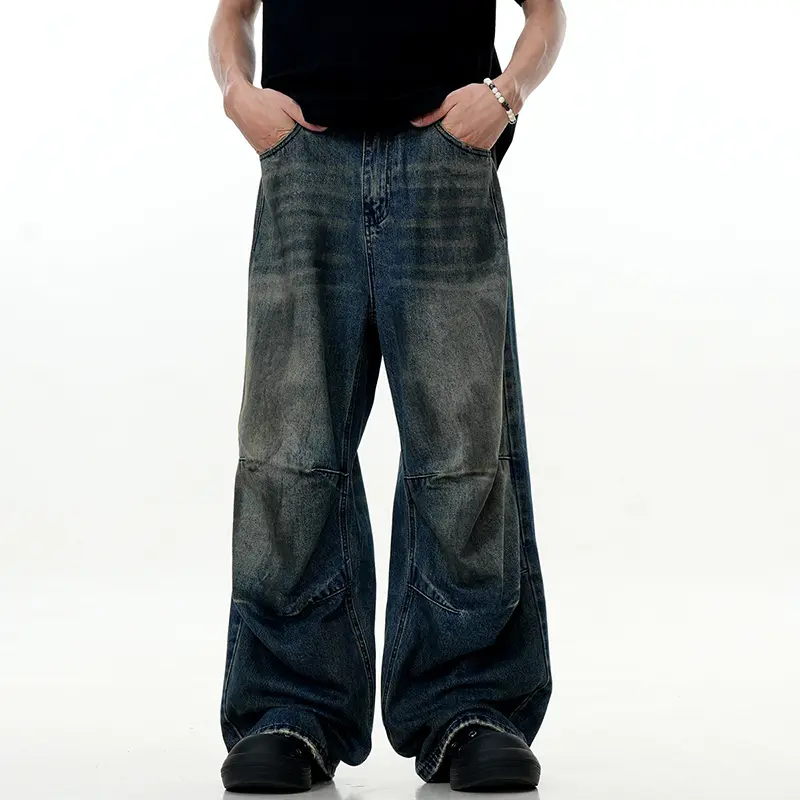 IEFB Vintage Men's Jeans Wide Leg American Style Distressed Pleated Design Denim Trousers Summer Autumn Trend Baggy Pants 9W3539