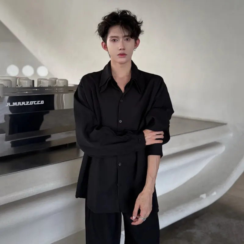 IEFB Korean Style Men's Shirts Doubler-layer Lapel Fake Two-piece Solid Color New Long Sleeved Single Breasted Male Tops 9W4201