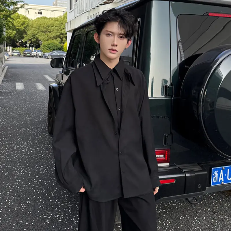 IEFB Korean Style Men's Shirts Doubler-layer Lapel Fake Two-piece Solid Color New Long Sleeved Single Breasted Male Tops 9W4201