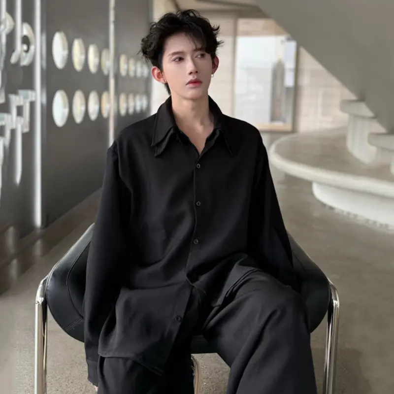 IEFB Korean Style Men's Shirts Doubler-layer Lapel Fake Two-piece Solid Color New Long Sleeved Single Breasted Male Tops 9W4201