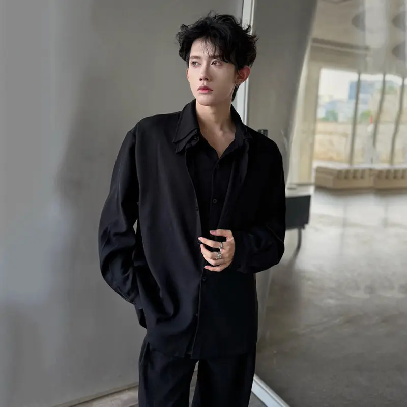 IEFB Korean Style Men's Shirts Doubler-layer Lapel Fake Two-piece Solid Color New Long Sleeved Single Breasted Male Tops 9W4201