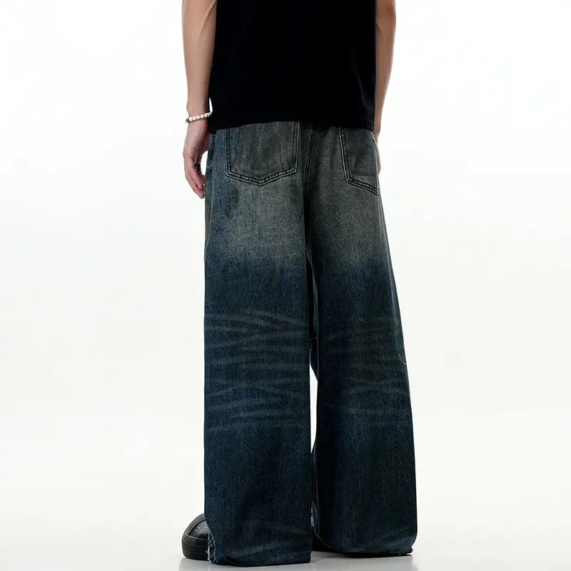 IEFB Vintage Men's Jeans Wide Leg American Style Distressed Pleated Design Denim Trousers Summer Autumn Trend Baggy Pants 9W3539
