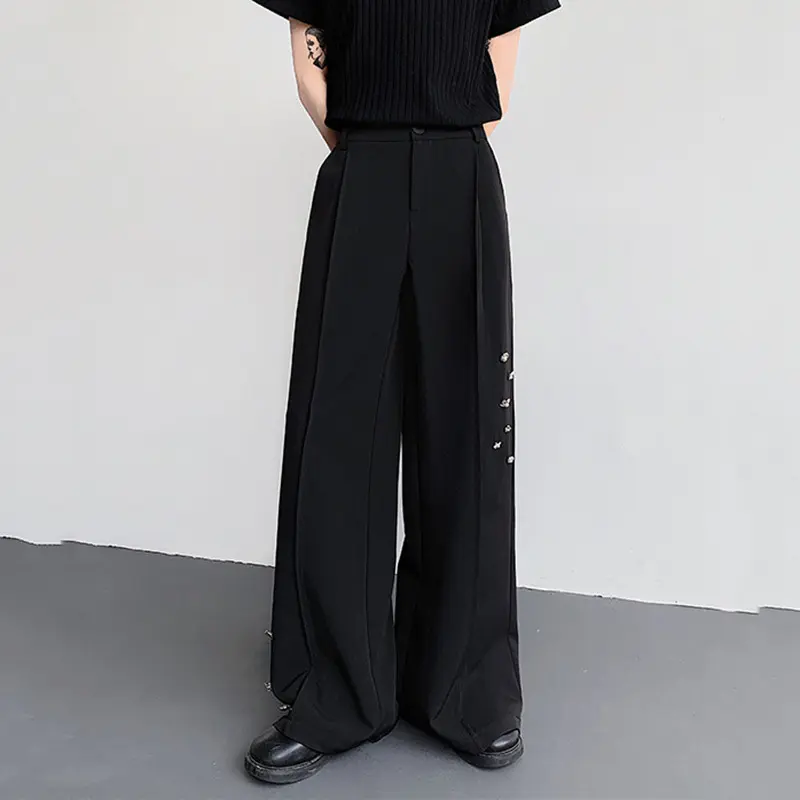 IEFB New Autumn Men Casual Pants Metal Design Solid Color Casual Patchwork Straight Bottom All-match Male Trousers Simple 9W4178