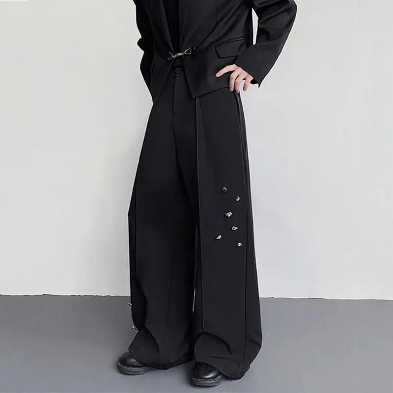 IEFB New Autumn Men Casual Pants Metal Design Solid Color Casual Patchwork Straight Bottom All-match Male Trousers Simple 9W4178