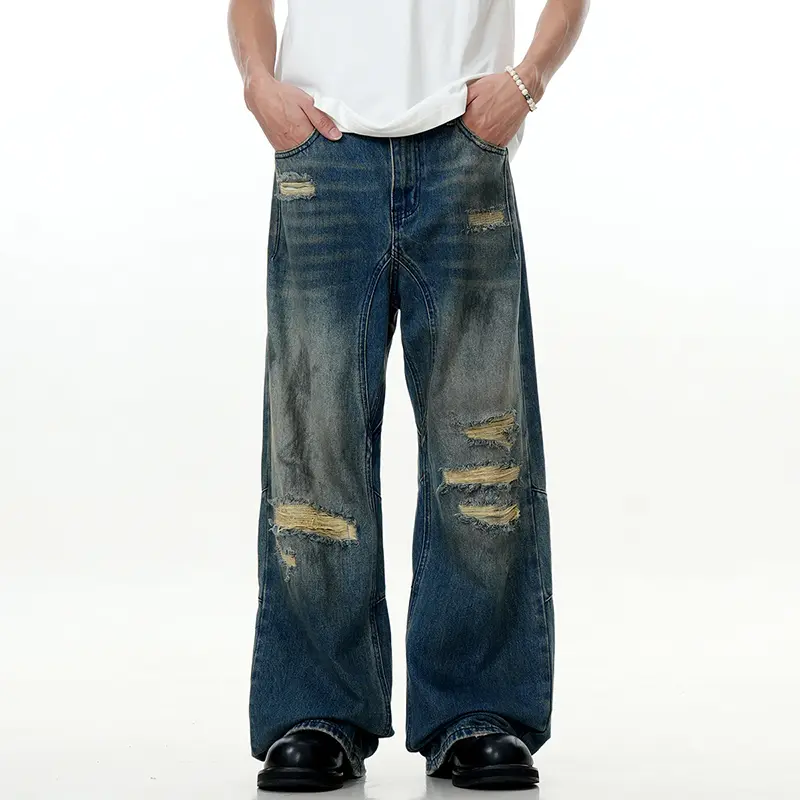 IEFB American Straight Male Denim Pants High Street Vintage Stained Gradient Color Cat Whisker Distressed Jeans Loose Fit 9W3540