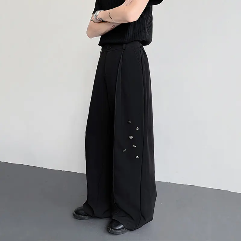 IEFB New Autumn Men Casual Pants Metal Design Solid Color Casual Patchwork Straight Bottom All-match Male Trousers Simple 9W4178