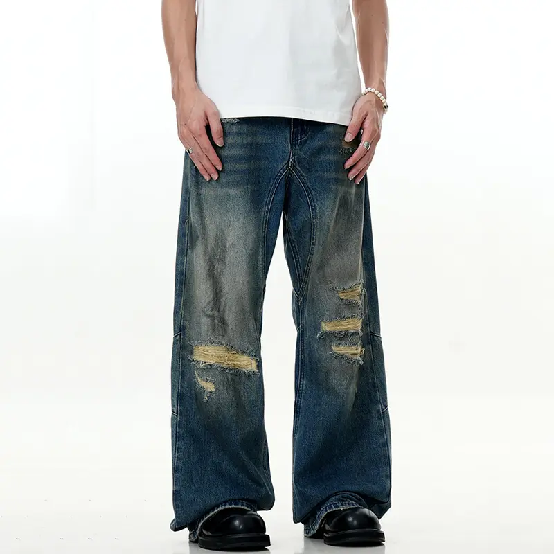 IEFB American Straight Male Denim Pants High Street Vintage Stained Gradient Color Cat Whisker Distressed Jeans Loose Fit 9W3540